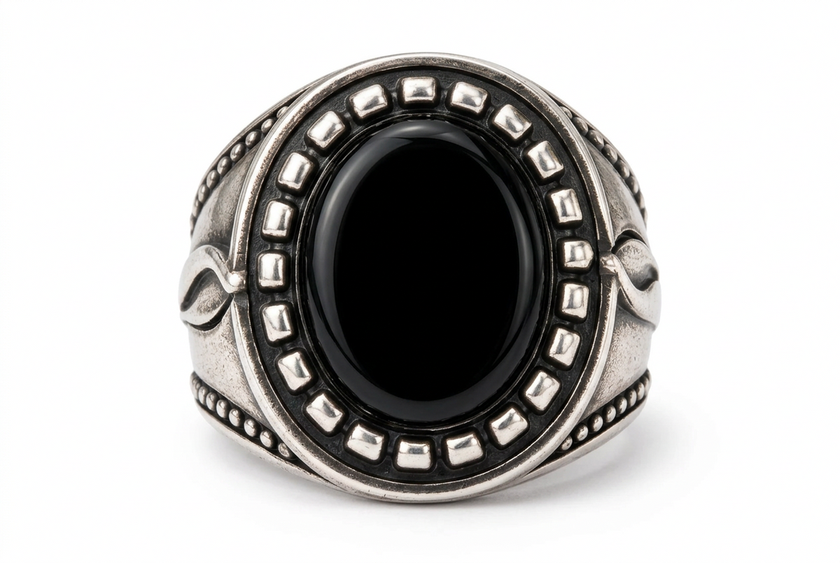 Men's vintage black onyx oval signet ring in antique finish stainless steel
