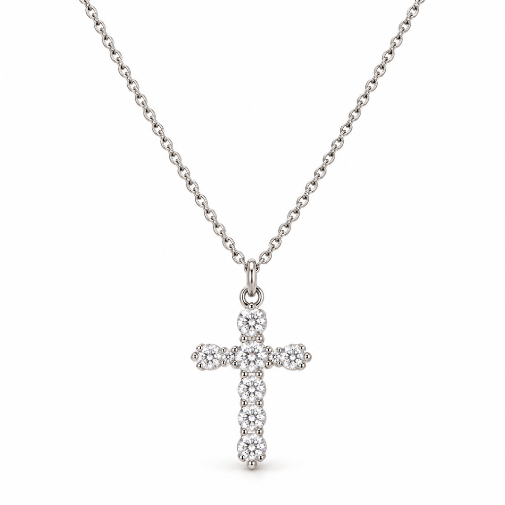 Dainty silver-tone stainless steel cable chain necklace featuring round-cut cubic zirconia crucifix pendant
