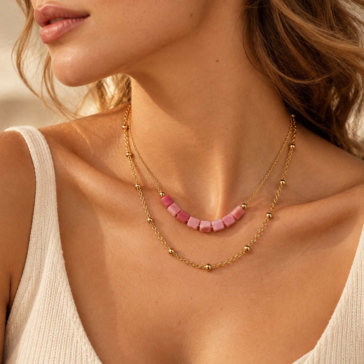 Model wearing the dainty pastel pink gemstone layered chain necklace paired with a casual ivory camisole.
