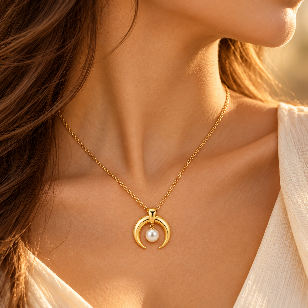 Model wearing chic gold double horn crescent pendant necklace with white pearl drop
