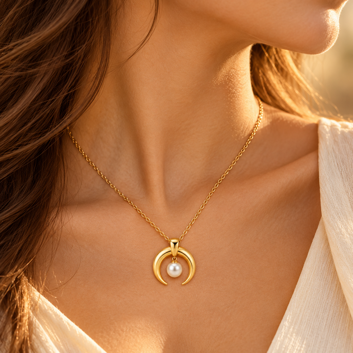 Model wearing chic gold double horn crescent pendant necklace with white pearl drop
