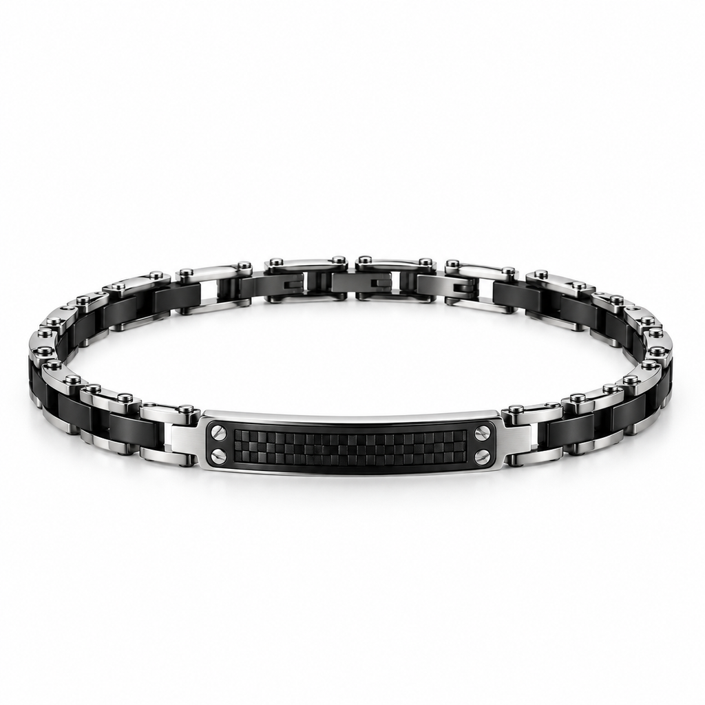 Men's two-tone silver and black motorcycle link bracelet with 4-screw carbon grid ID bar
