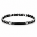 Men's two-tone silver and black motorcycle link bracelet with 4-screw carbon grid ID bar
