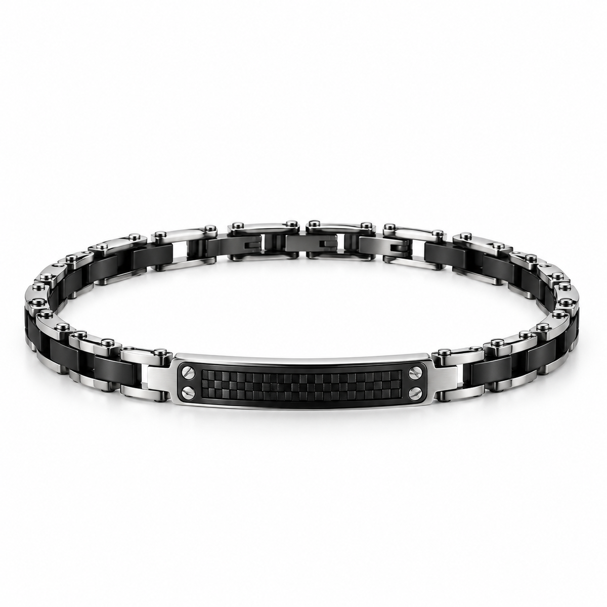 Men's two-tone silver and black motorcycle link bracelet with 4-screw carbon grid ID bar
