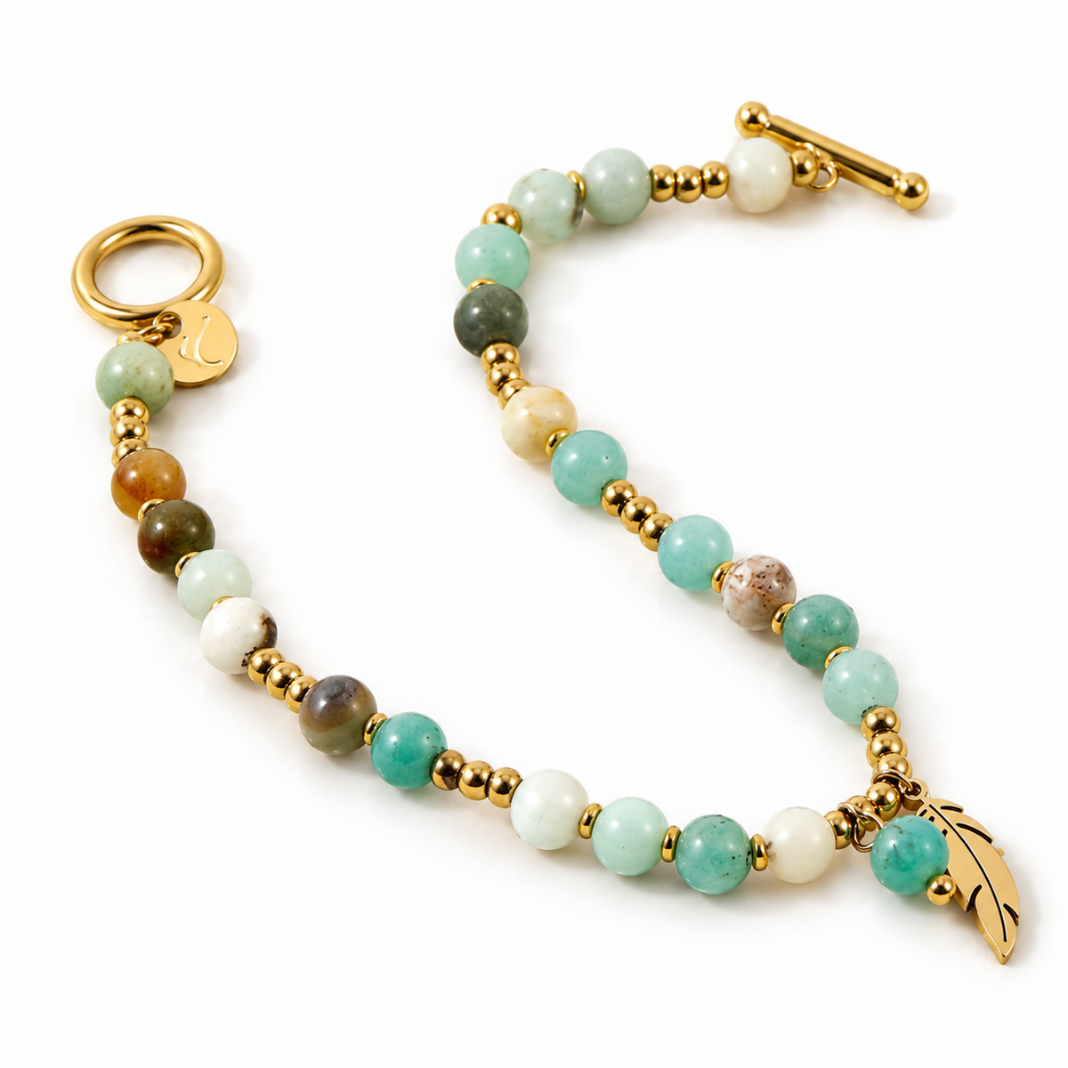 Women's Boho Beaded Gemstone Feather Toggle Bracelet