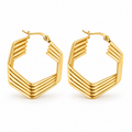 Pair of women's geometric multi-layer gold hexagon hoop earrings in polished stainless steel
