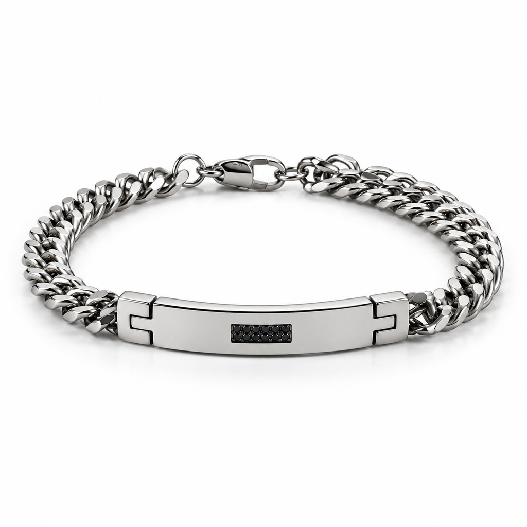 Men's stainless steel Cuban curb chain ID bar bracelet with black pavé stones
