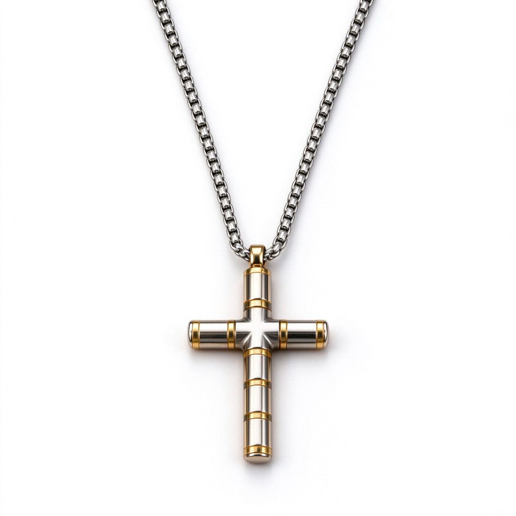 Men's Cylindrical Segmented Ring Cross Pendant Necklace – Stainless Steel Jewelry