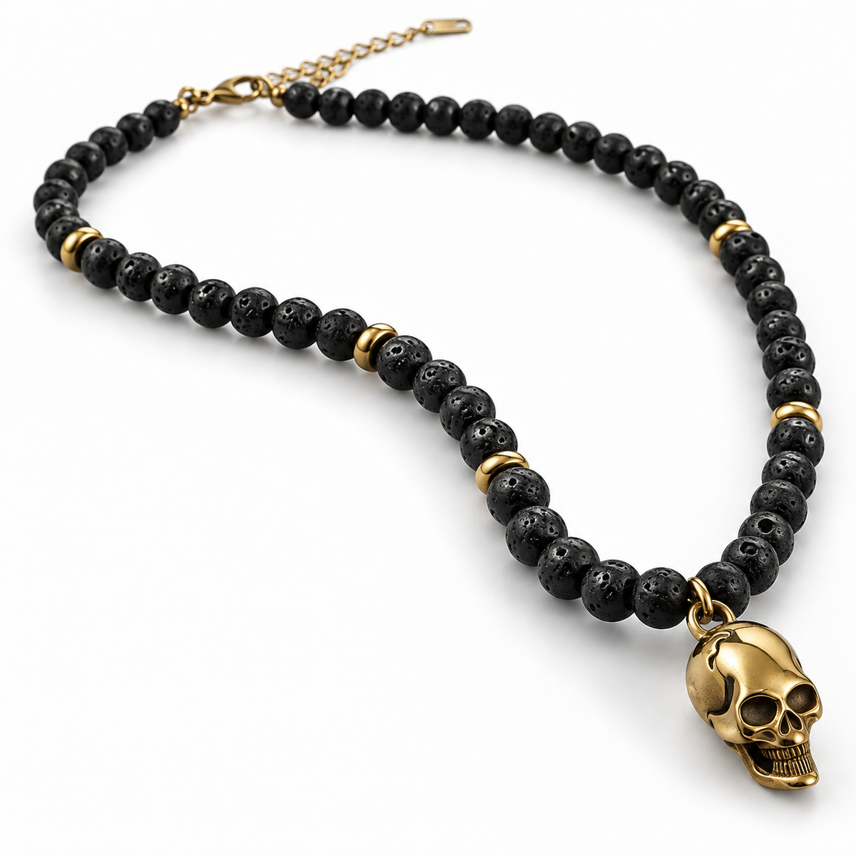 Angled studio view of men's skull necklace on natural black lava rock beads
