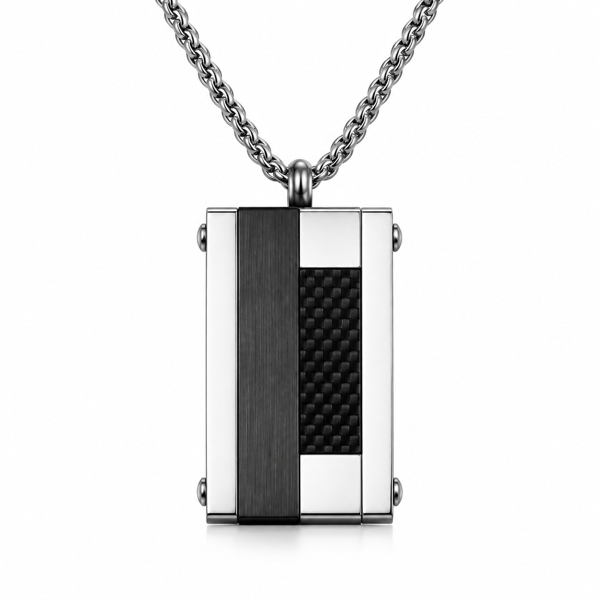 Men's asymmetric modular carbon fiber and brushed black dog tag pendant necklace
