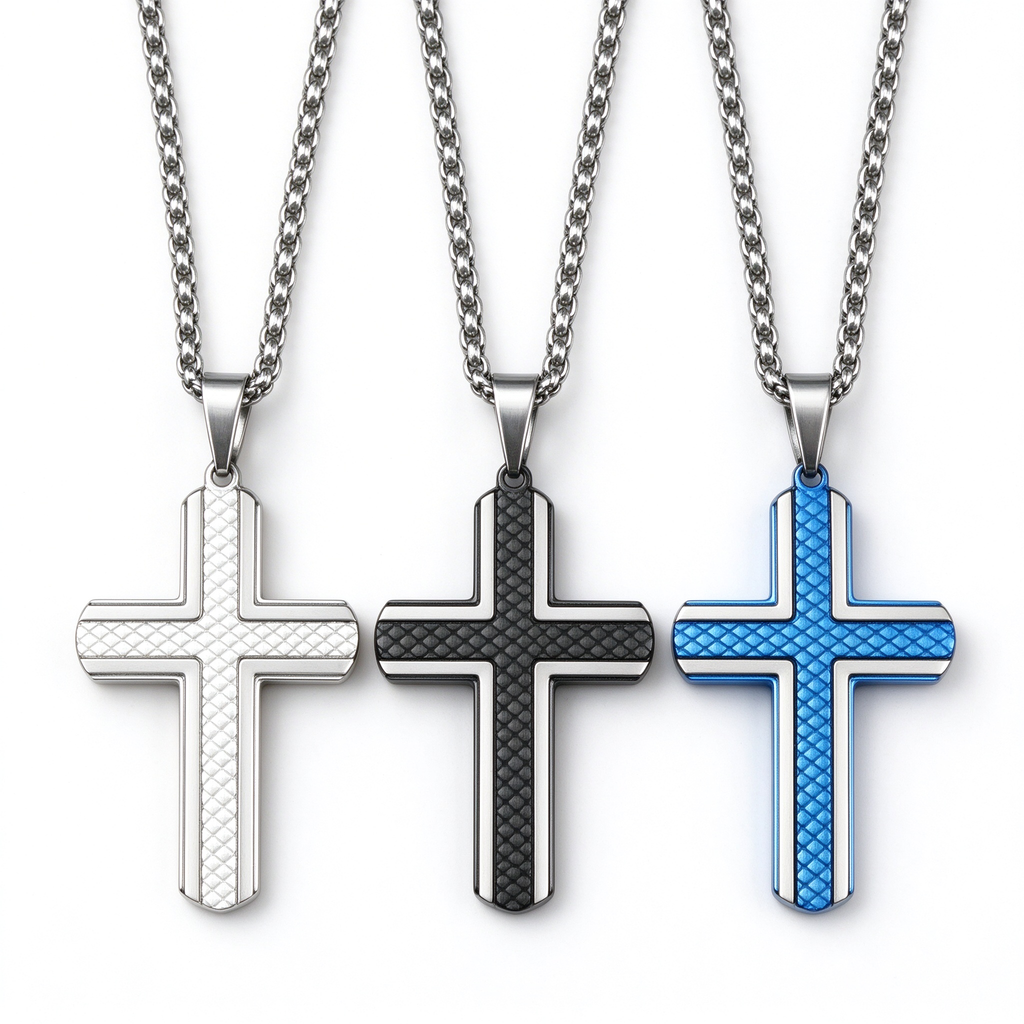 Men's carbon fiber grid cross pendant necklace collection in silver, black, and royal blue

