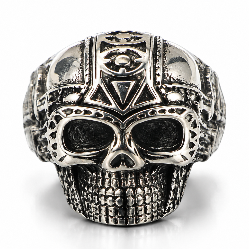Men's ancient Aztec tribal skull ring in antique finish stainless steel
