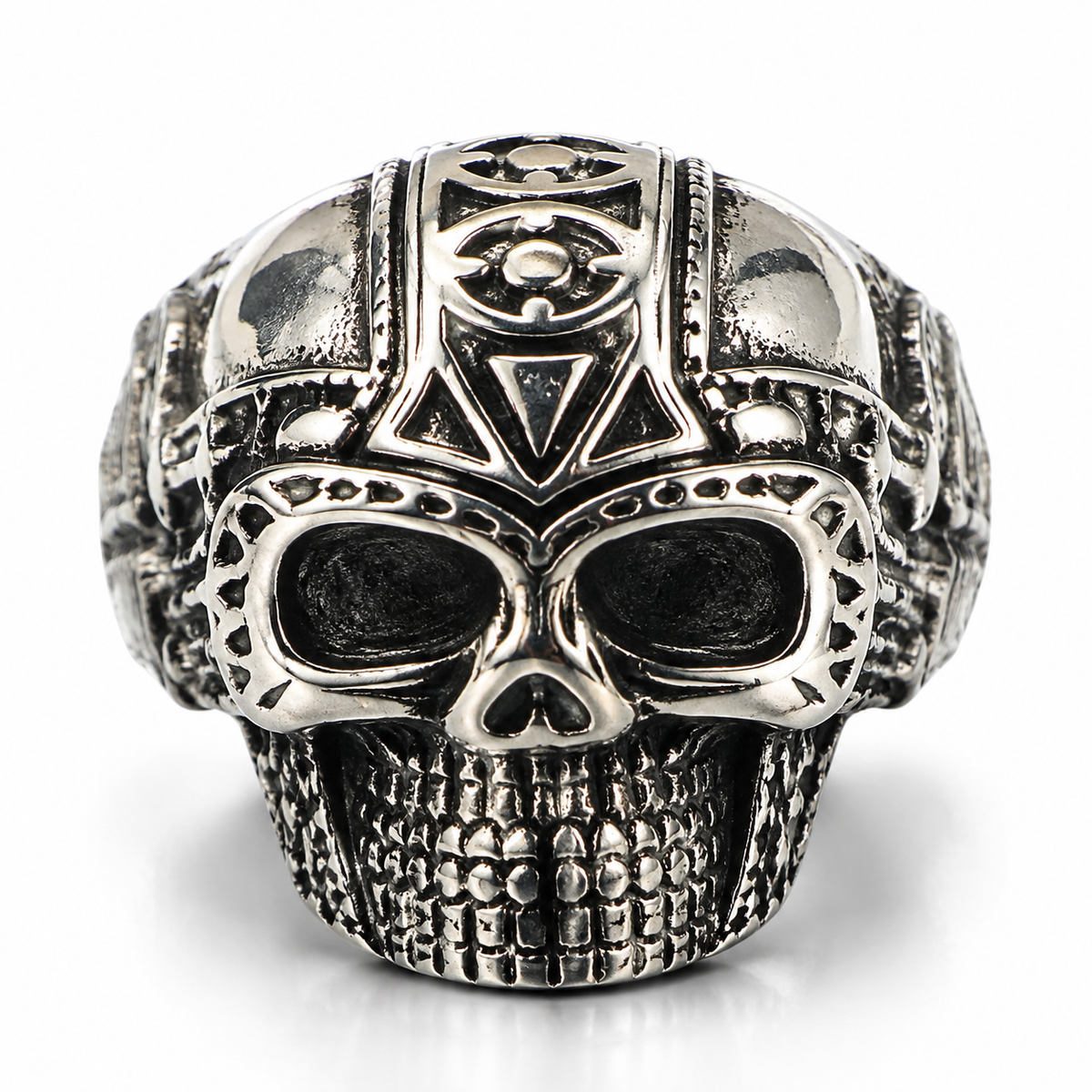 Men's ancient Aztec tribal skull ring in antique finish stainless steel
