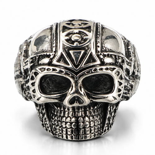 Men's ancient Aztec tribal skull ring in antique finish stainless steel
