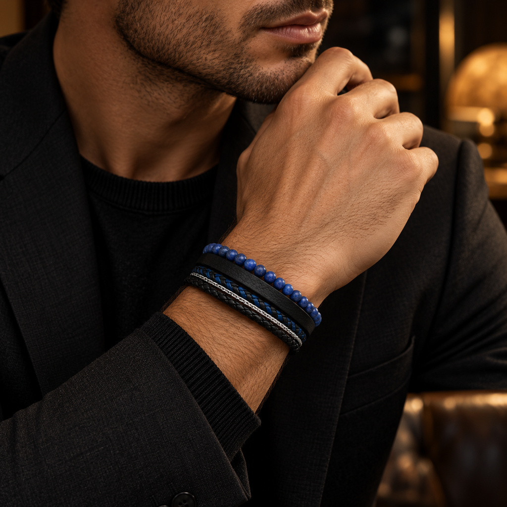 Male wrist wearing blue tiger eye beaded leather bracelet paired with black blazer
