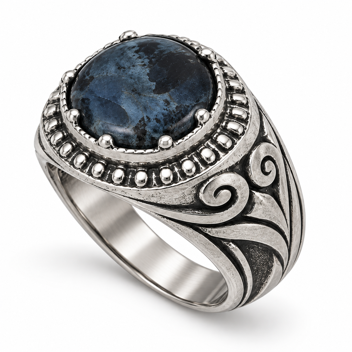 Men's Vintage Denim Sodalite Signet Ring in stainless steel with beaded halo bezel

