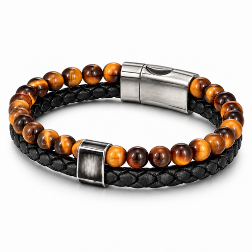 Men's Double-Strand Tiger Eye Beaded Leather Bracelet with stainless steel slide bead on white background
