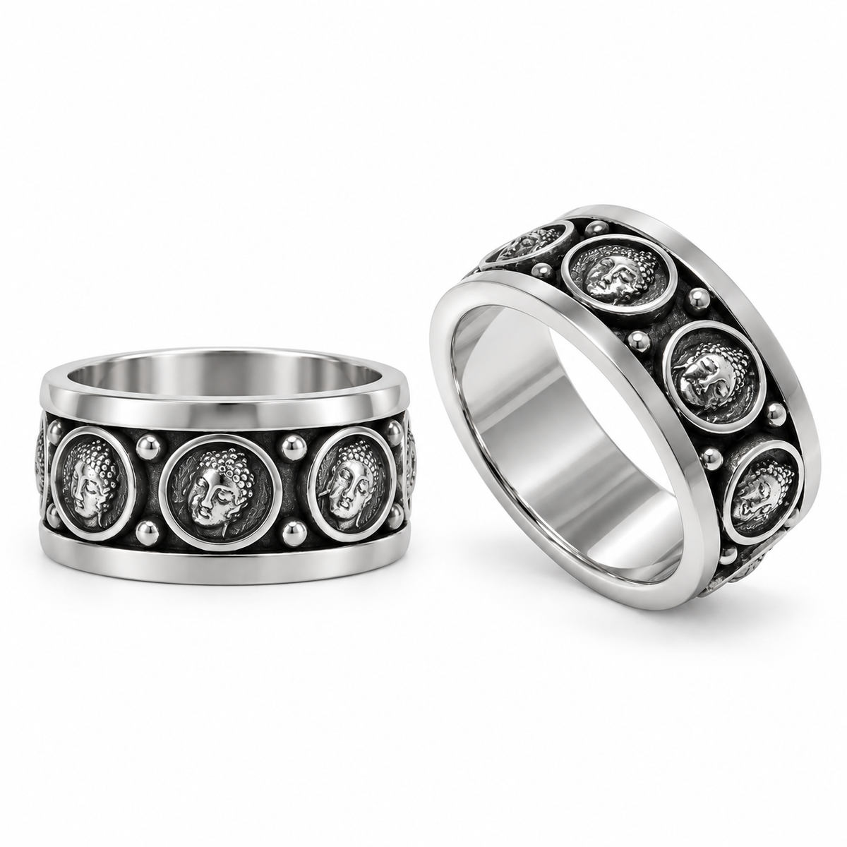 Dual view of Men's spiritual Buddha head band ring showing embossed medallions and inner shank
