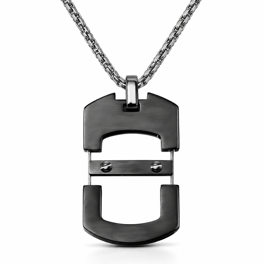Men's cyberpunk industrial skeleton dog tag pendant necklace on stainless steel chain
