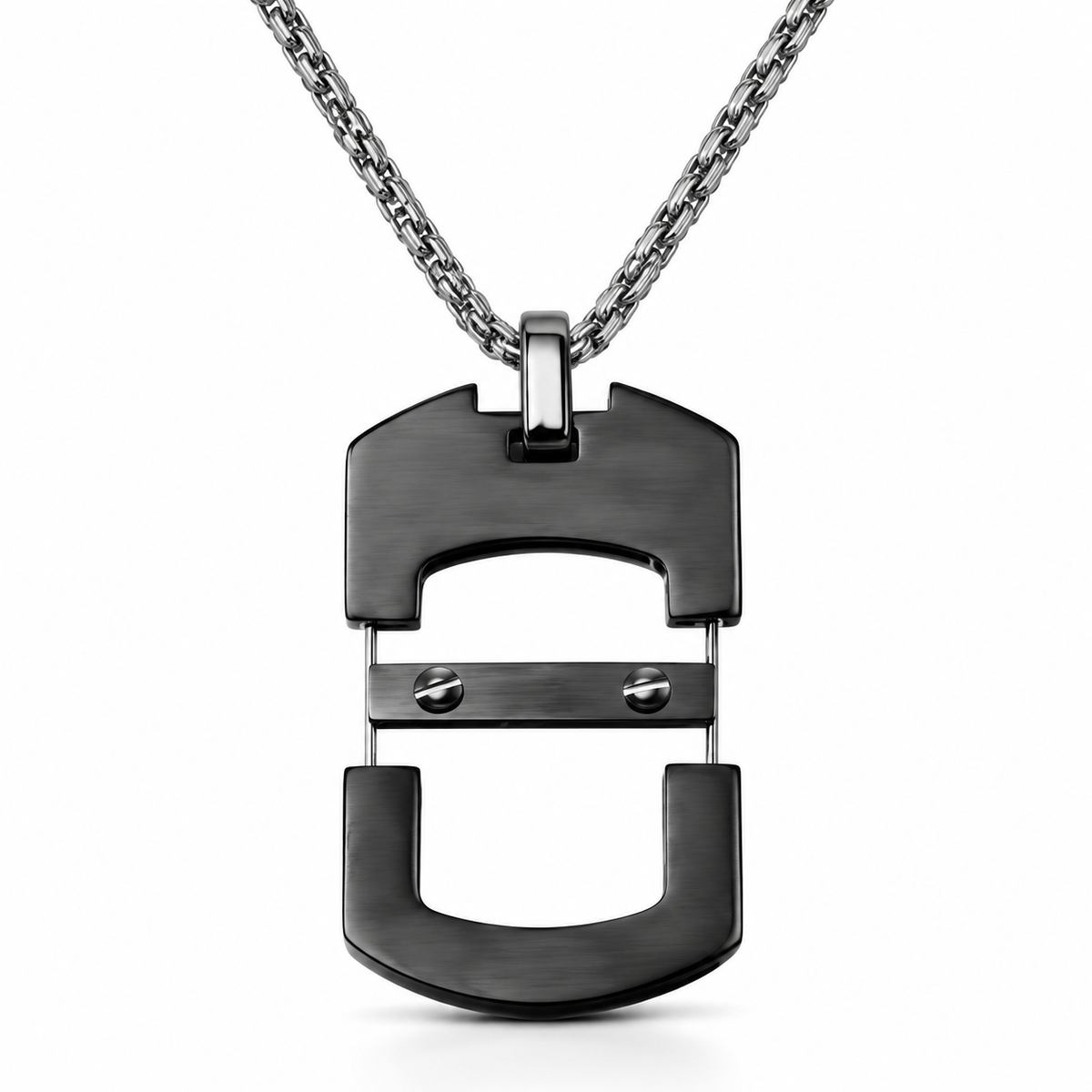 Men's cyberpunk industrial skeleton dog tag pendant necklace on stainless steel chain
