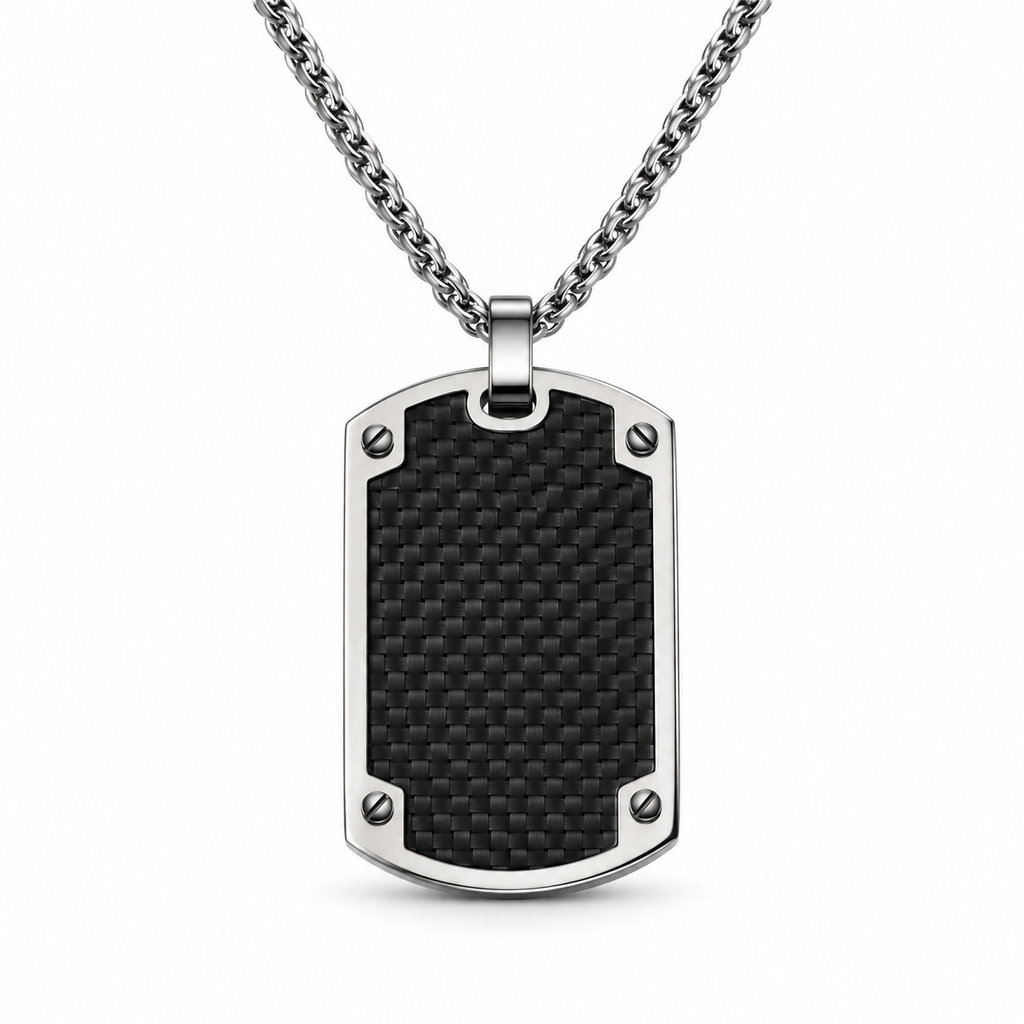 Men's hex-rivet carbon fiber dog tag pendant necklace on stainless steel chain
