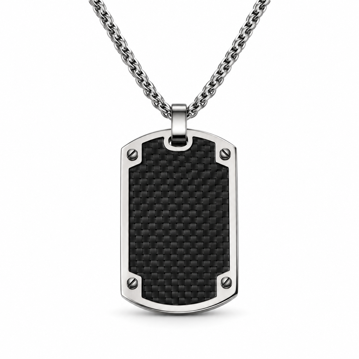 Men's hex-rivet carbon fiber dog tag pendant necklace on stainless steel chain
