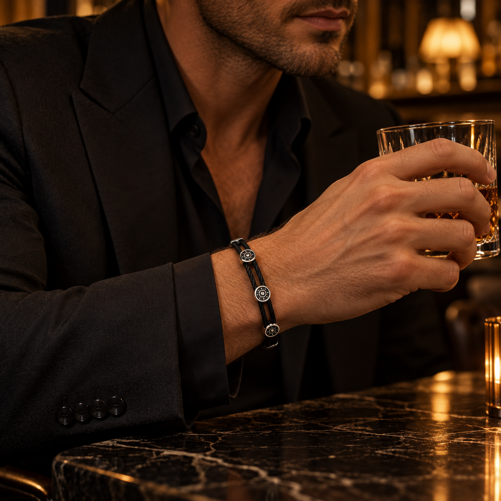Model wearing men's black wire cable medallion bracelet holding whiskey glass in suit
