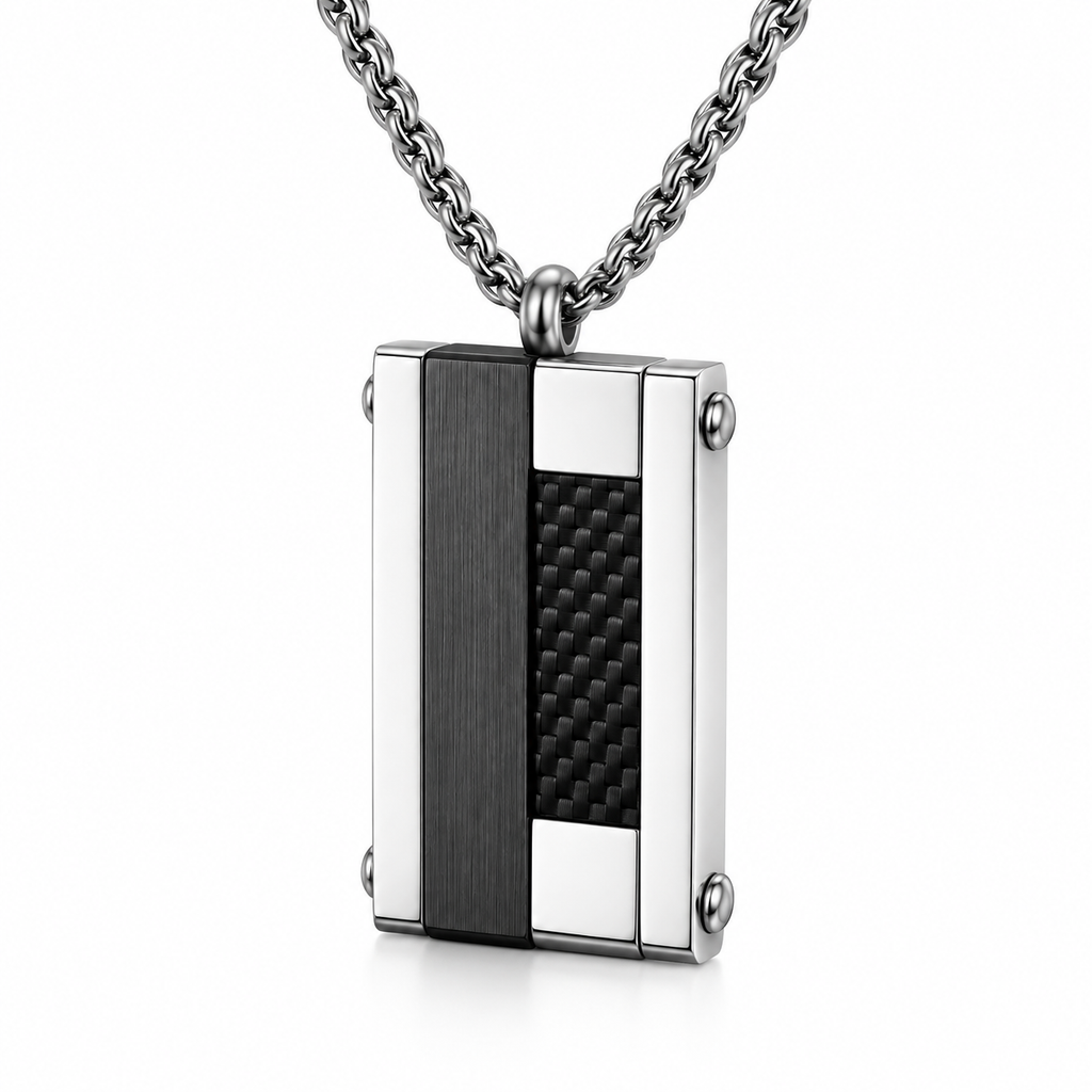Angled studio close-up of men's asymmetric carbon fiber dog tag with corner rivet studs
