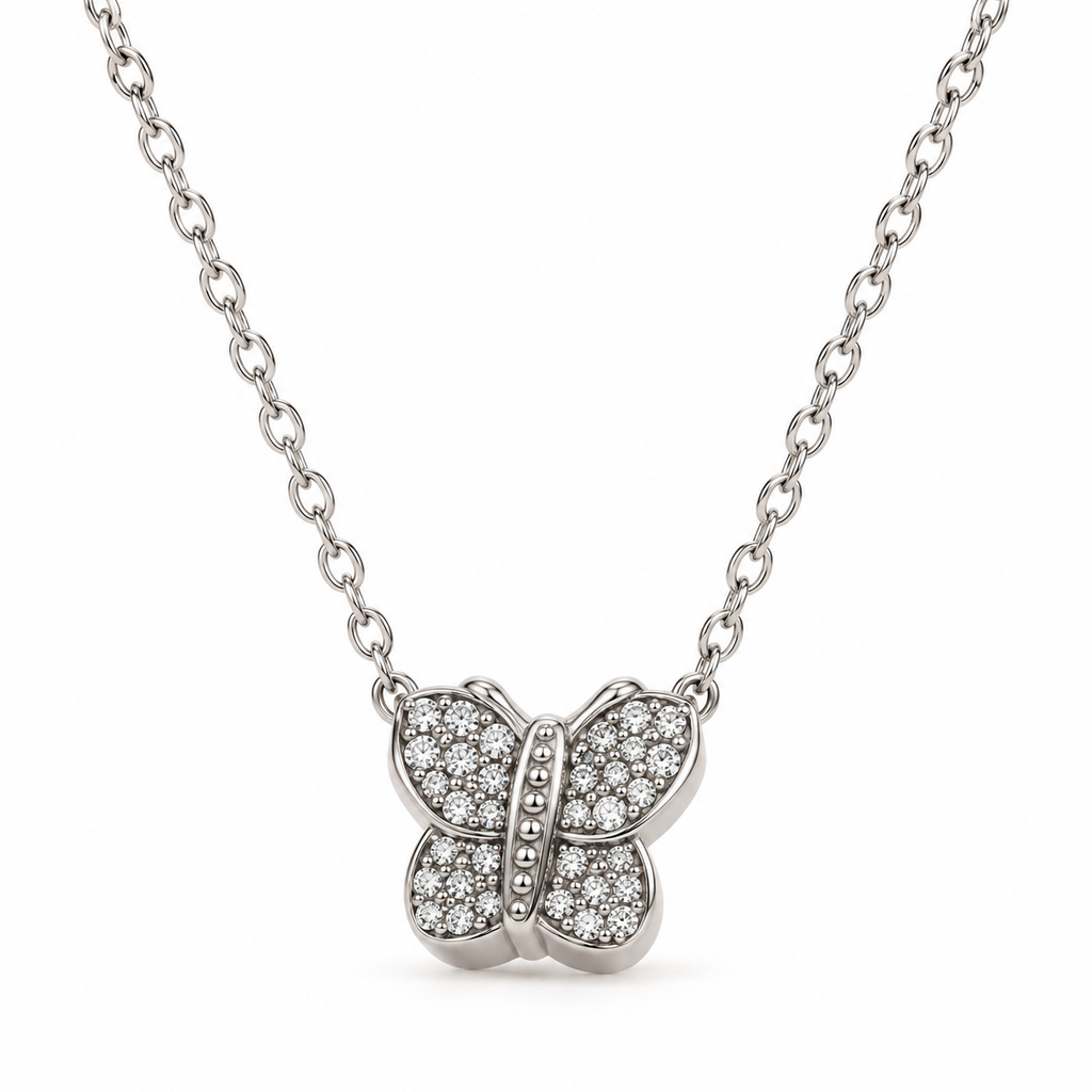 Women's sparkling pavé clear CZ butterfly pendant necklace in silver stainless steel front view
