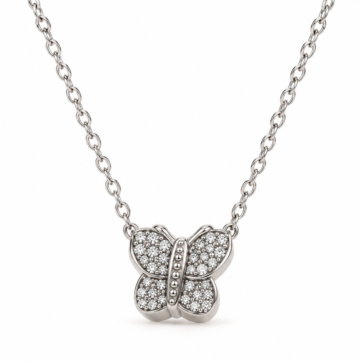 Women's sparkling pavé clear CZ butterfly pendant necklace in silver stainless steel front view
