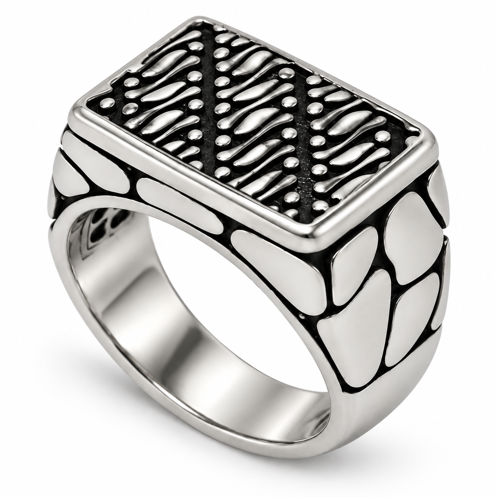 Men's Vintage Rectangular Mosaic Signet Ring in stainless steel on white background
