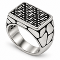 Men's Vintage Rectangular Mosaic Signet Ring in stainless steel on white background

