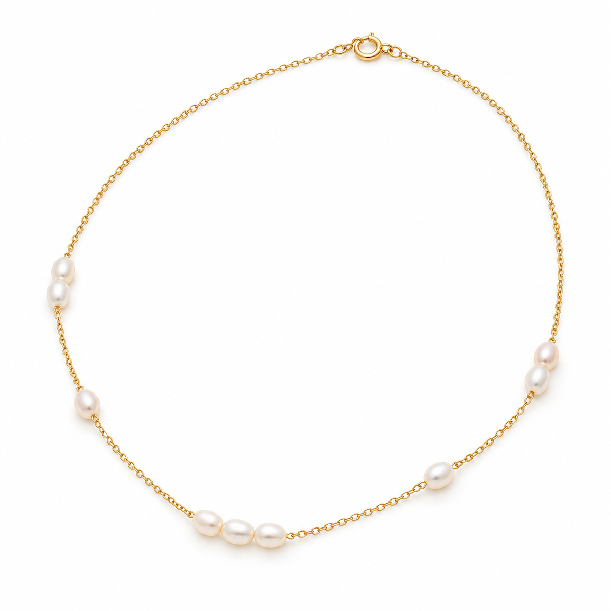Full view of 18K gold plated chain with stationed freshwater pearls and spring clasp on white background
