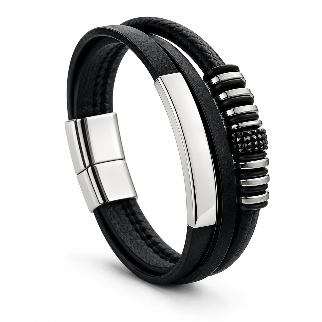 Men's Double-Strand Leather ID Bracelet with stainless steel bar and beaded charm on white background

