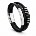 Men's Double-Strand Leather ID Bracelet with stainless steel bar and beaded charm on white background
