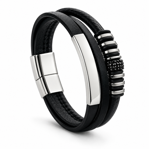 Men's Double-Strand Leather ID Bracelet with stainless steel bar and beaded charm on white background
