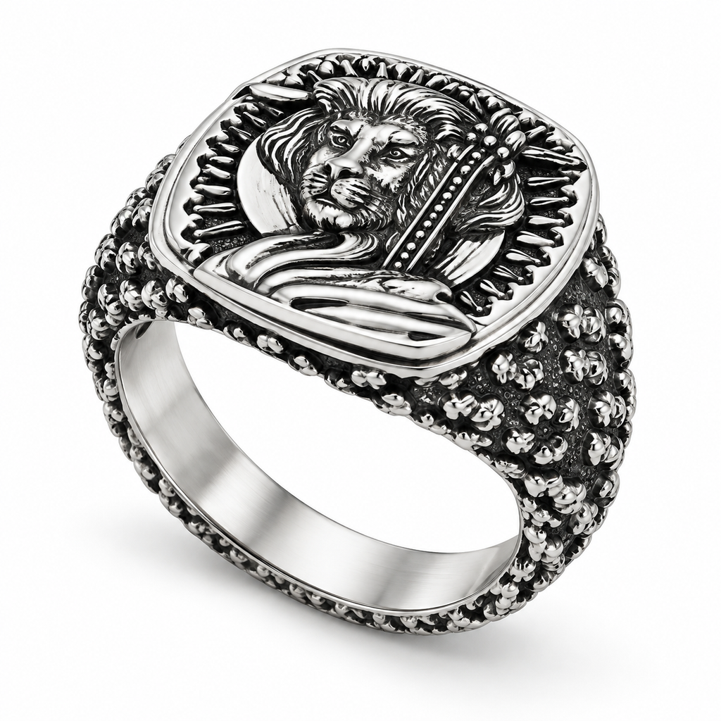 Men's Royal Lion King Signet Ring in stainless steel with caviar textured band
