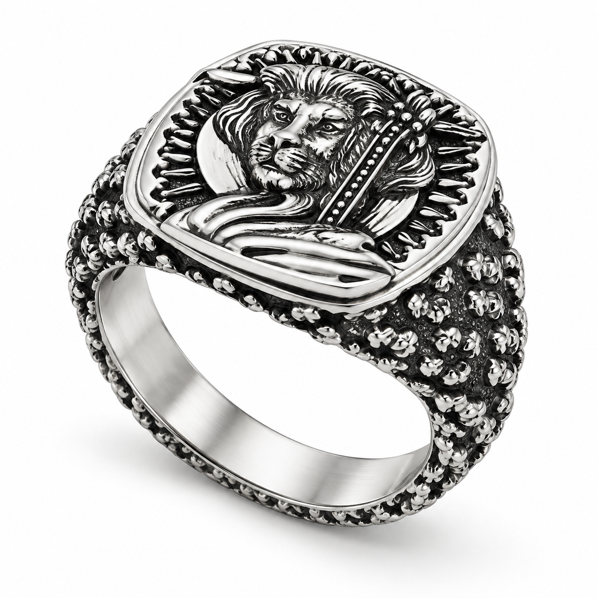 Men's Royal Lion King Signet Ring in stainless steel with caviar textured band
