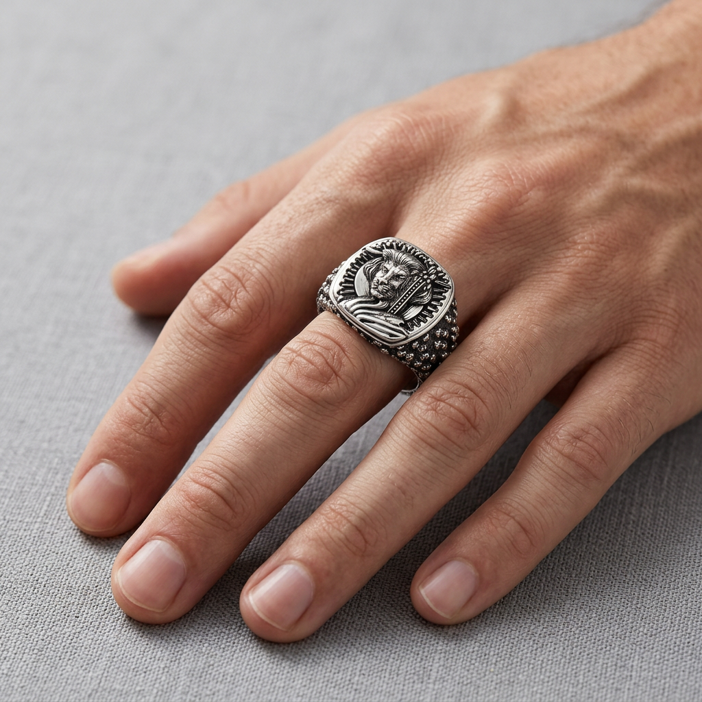 Male hand resting flat on gray textured fabric wearing stainless steel lion signet ring
