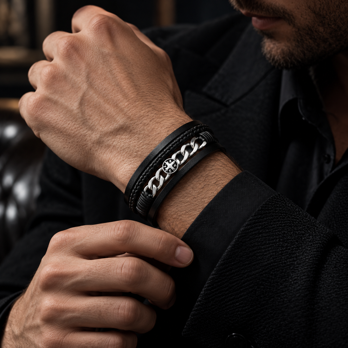 Male wrist wearing black braided leather cross bracelet with tailored black suit
