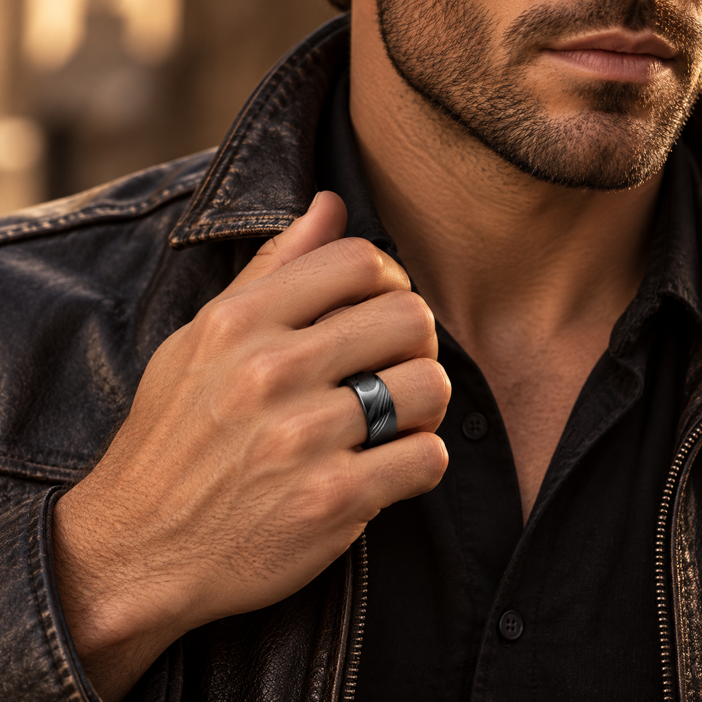 Male hand wearing matte black wave ring resting on distressed leather jacket
