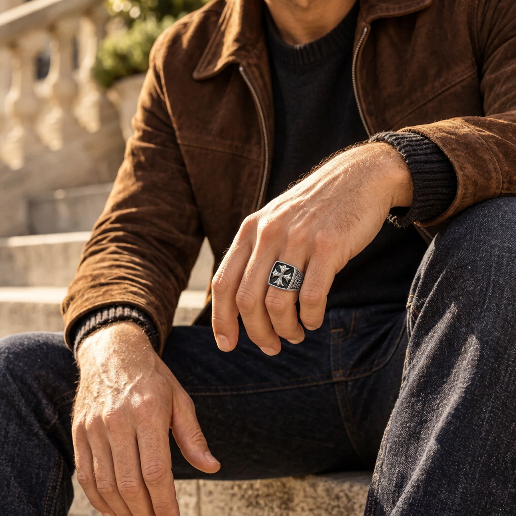 Male model in brown suede jacket sitting on stone steps wearing gothic cross ring
