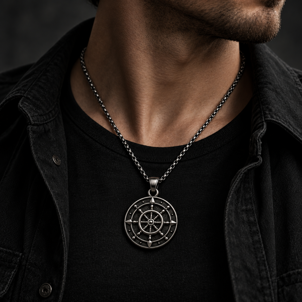 Model wearing men's ship's wheel helm medallion pendant necklace
