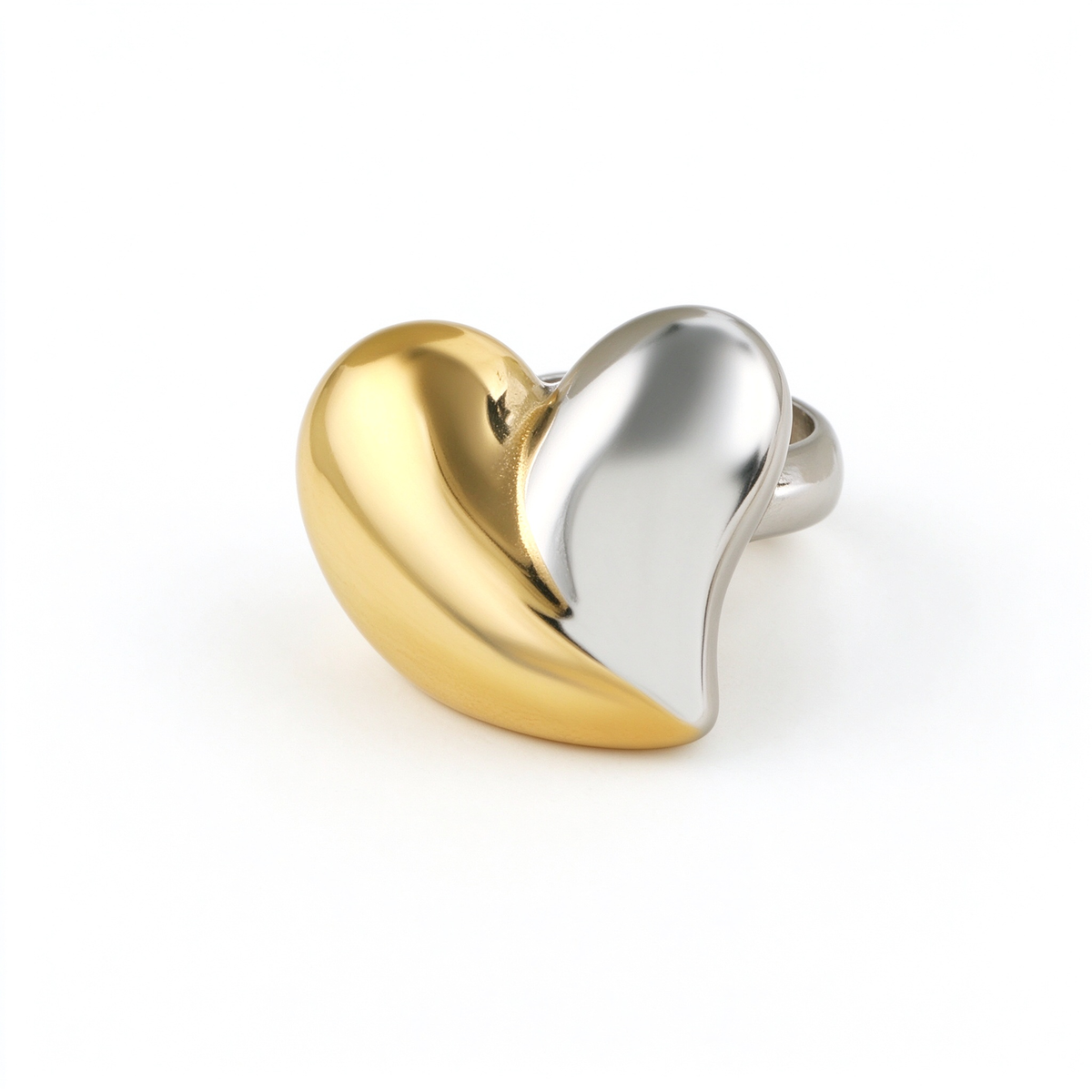 Chunky Puffy Heart Statement Ring – Two-Tone & Silver 3D Bold Dome Open Adjustable Ring for Women