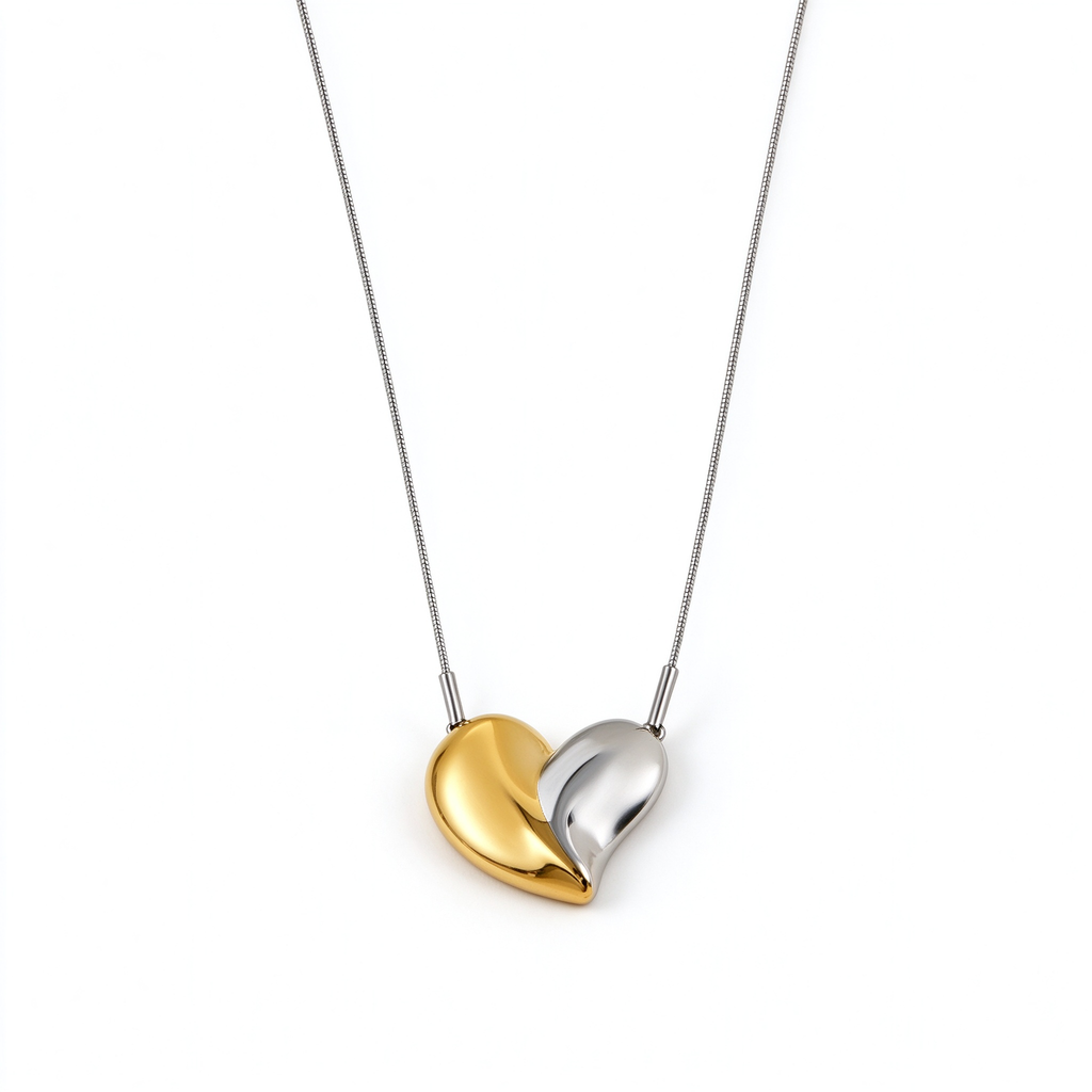 Women's Modern Two-Tone Curved Puffed Heart Pendant Necklace – Stainless Steel Snake Chain Jewelry