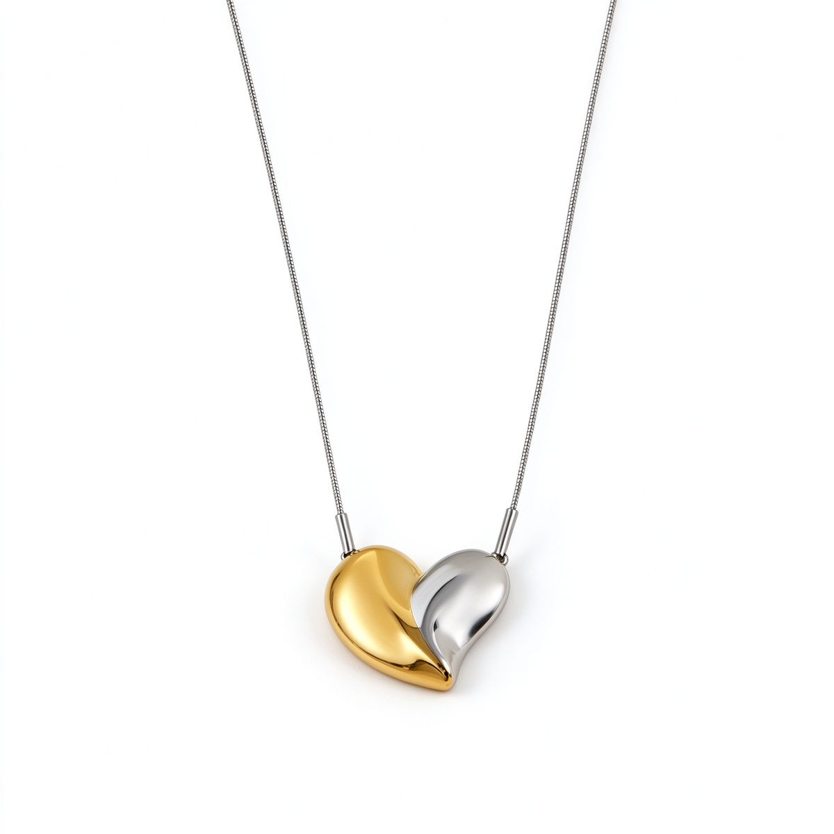 Women's Modern Two-Tone Curved Puffed Heart Pendant Necklace – Stainless Steel Snake Chain Jewelry