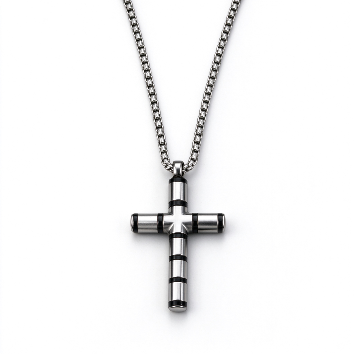 Men's Cylindrical Segmented Ring Cross Pendant Necklace – Stainless Steel Jewelry