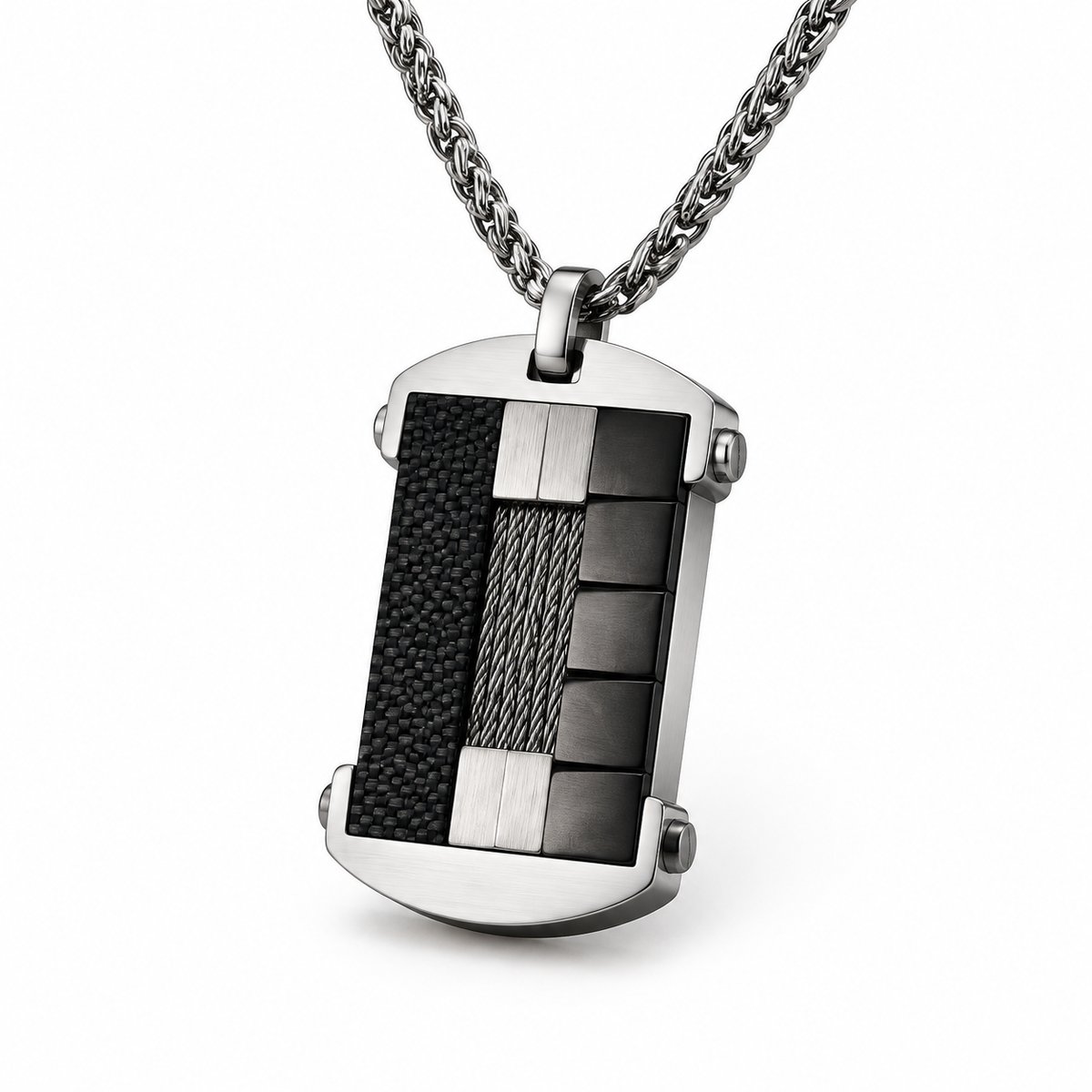 Angled studio close-up of men's tri-panel dog tag pendant with cable wire and corner pins
