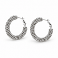 Pair of chunky silver beaded caviar texture hoop earrings on white background

