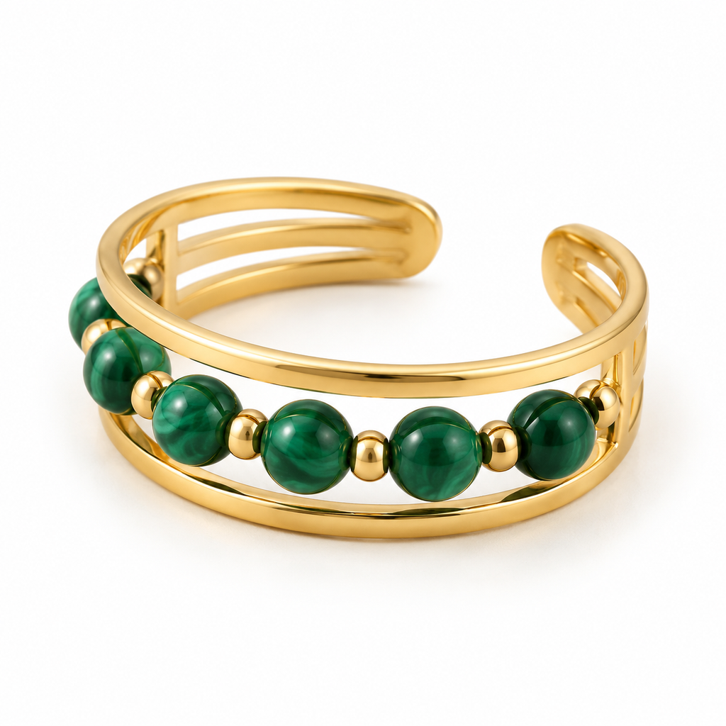 Triple band 18K gold plated stainless steel open ring with round green malachite beads on white background
